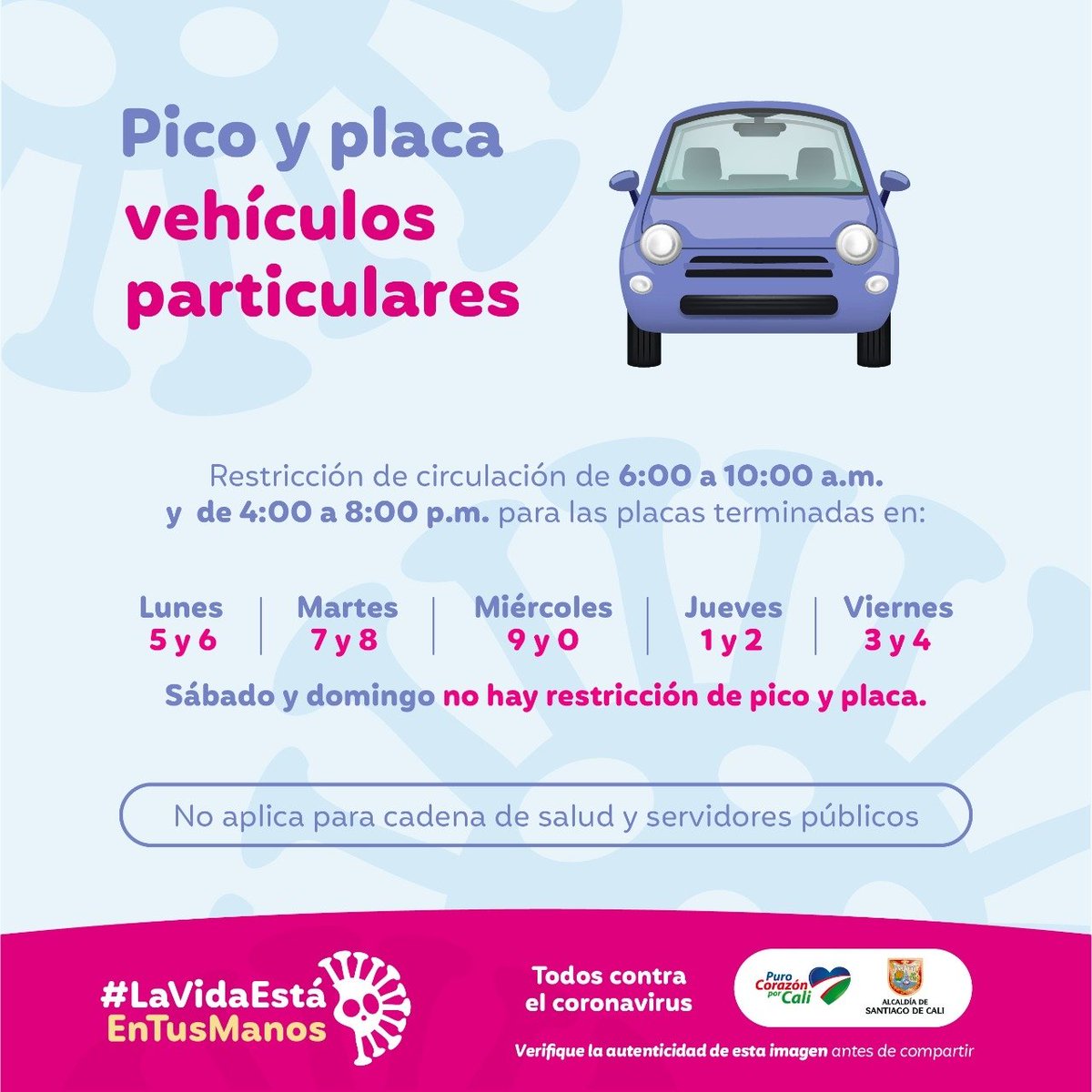 MovilidadCali's tweet photo. ¡Comienza una nueva semana y con ella llegan las mejores energías💪🏻⚡!

Recuerda que la medida de Pico y Placa se mantiene para quienes salen a trabajar dentro de las excepciones decretadas o tienen hoy Pico y Cédula. De resto, #TodosEnCasa🏡.

#LaVidaEstáEnTusManos🤲💦 https://t.co/UDc8dWrQ0U