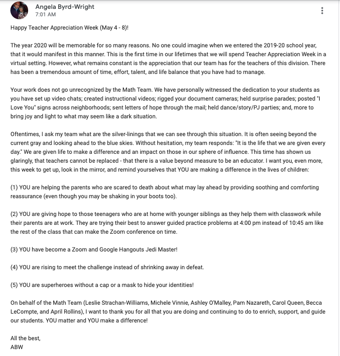 abyrdwright's tweet image. HAPPY TEACHER APPRECIATION WEEK! On behalf of the HCS Math Team, we want to tell our math teachers THANK YOU. Please check out our Math Google Classroom for a special message! #ThankATeacher #WeAreHCS @HamptonCSchools @HCS_TitleI @AnitaMOwens @RaymondLHaynes @caggianojohn1