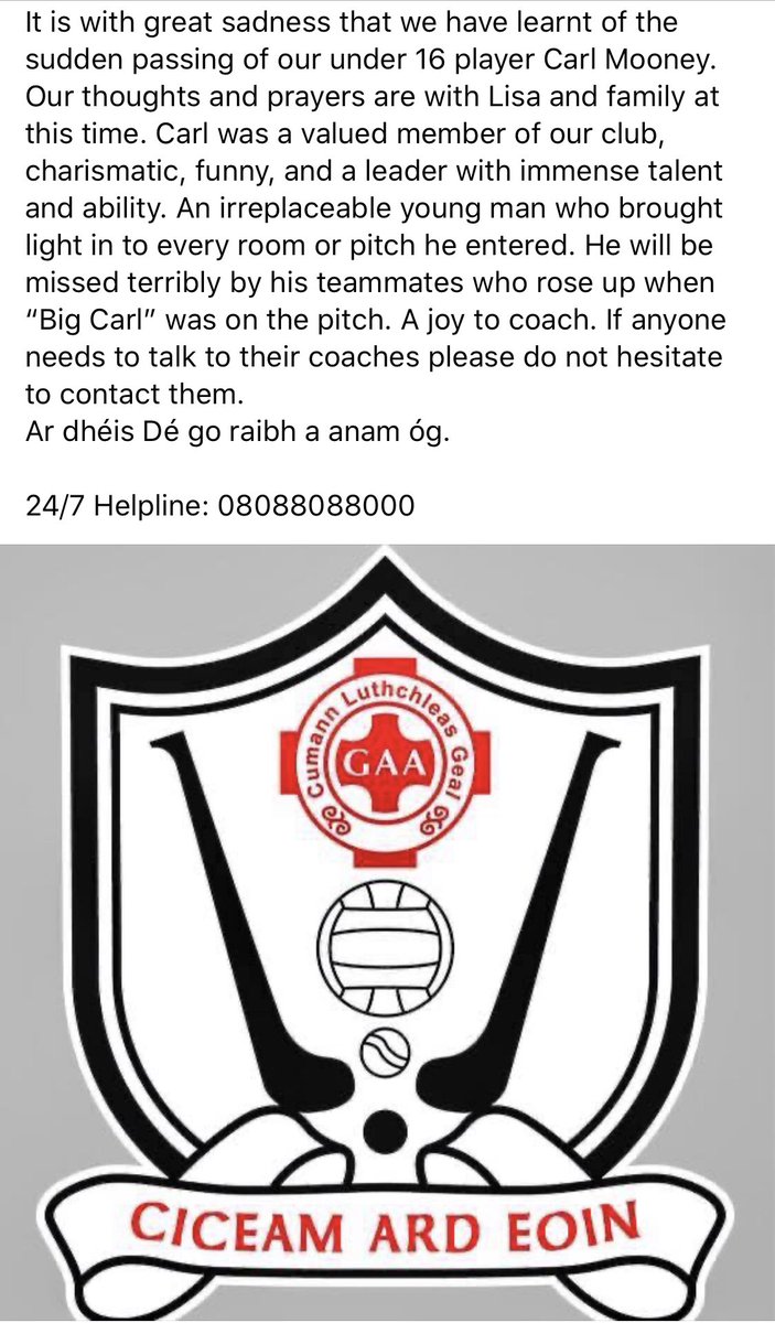 ardoynegac's tweet photo. It is with great sadness that we have learnt of the sudden passing of our under 16 player Carl Mooney. Our thoughts and prayers are with Lisa and family at this time.
Ar dhéis Dé go raibh a anam óg.
24/7 Helpline: 08088088000 https://t.co/wniWdTELcM