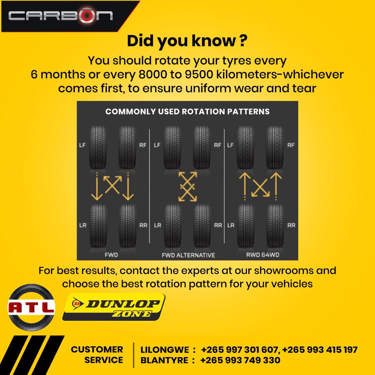 AutoAndTyreLTD's tweet photo. Rotate your vehicles' tyres periodically to keep them in optimal condition #TyreSafety #CarbonValues #DunlopZone #Carbon #ATL #DunlopMalawi #BizMalawi https://t.co/UFXQJMXDJM