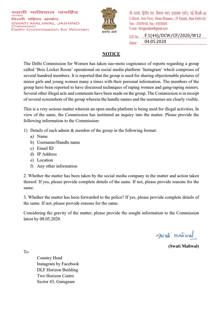 DCWDelhi's tweet photo. Breaking -

DCW chief @SwatiJaiHind issues notice to Instagram and Delhi Police in the matter of a group named "boys locker room" being used by some miscreants to share objectionable pictures of minor girls and planning illegal acts such as rape of minor girls. 

#boyslockerroom https://t.co/PyzxGCv7kt