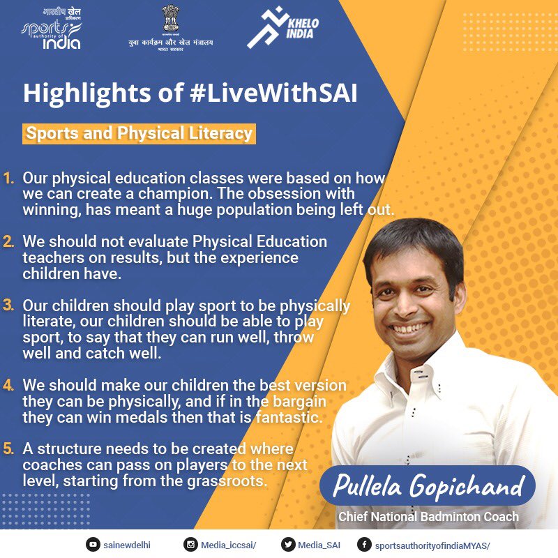 Media_SAI's tweet photo. Chief National Coach for the Indian Badminton Team, #PullelaGopichand, decoded the importance of physical literacy and sports in one of the #LiveWithSAI workshops. Want to watch it now? Watch it right away, here on YouTube: ▶️ https://t.co/BjApqhmvGS
#IndiaFightsCorona https://t.co/ofD34t8wKU