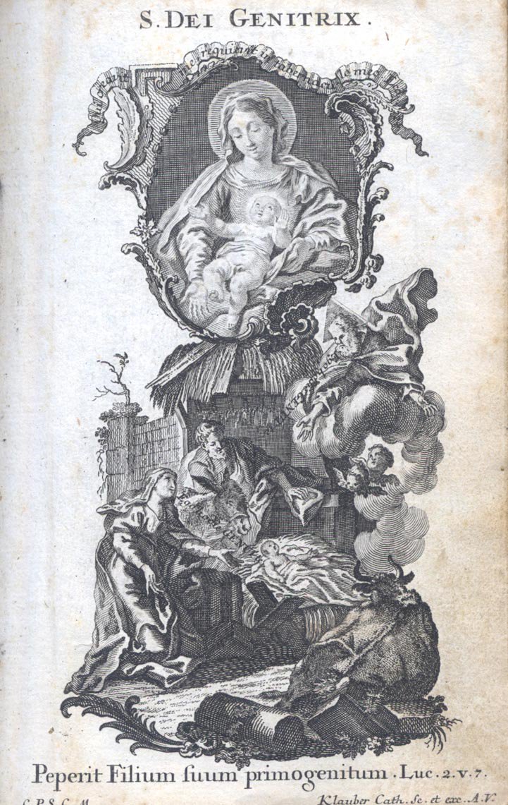 Sancta Dei Genetrix, ora pro nobis.Holy Mother of God, pray for us.The Latin inscription reads:Ego hodie genui te. “Today I have given birth to you.”Peperit filium suum primogenitum. (Luke 2:7). “And she gave birth to her firstborn Son.”