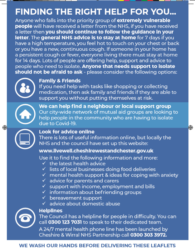 VibeMT's tweet photo. If you live in the Cheshire area these leaflets have helpful info and contact numbers in these challenging times. @cllrmattbryan #covidresponse https://t.co/BkMEjzaxEs