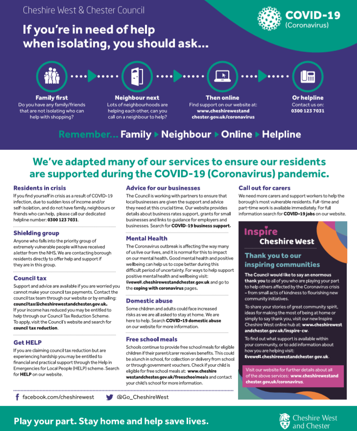 VibeMT's tweet photo. If you live in the Cheshire area these leaflets have helpful info and contact numbers in these challenging times. @cllrmattbryan #covidresponse https://t.co/BkMEjzaxEs