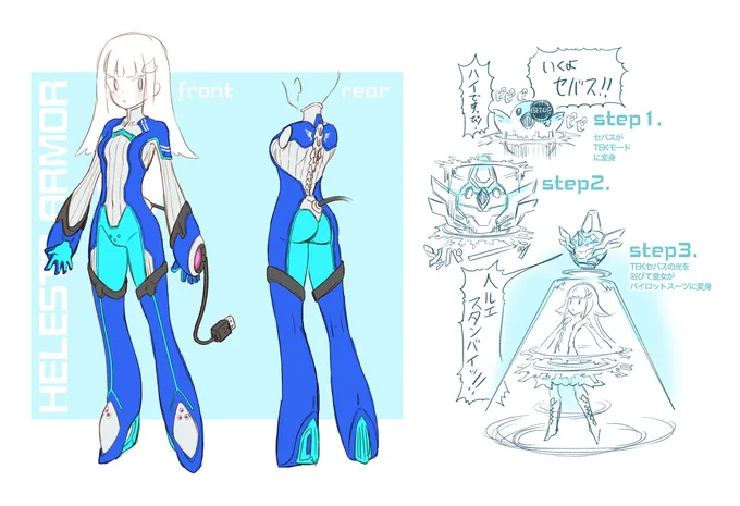 ヘルエスタアーマーとスーツの設定画を描いてみちゃ 
覚醒すると青いビームウイングが生えたズガタカモードになる
#ヘル絵スタ 