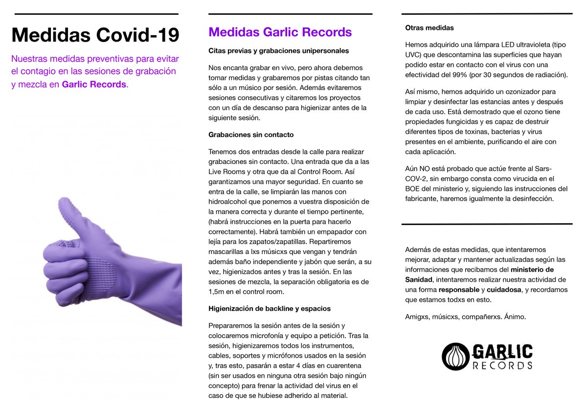 🟣Nuestras medidas contra el Covid-19 para las sesiones de grabación y mezcla en <a href="/GarlicRecords/">Garlic Records</a> a partir de la semana del 11.🟣 

#garlicrecords #estudiodegrabacion #mastering #recordingstudio #mixing #recording #audioengineer #protools #covid #coronavirus #COVIDー19 #COVID19