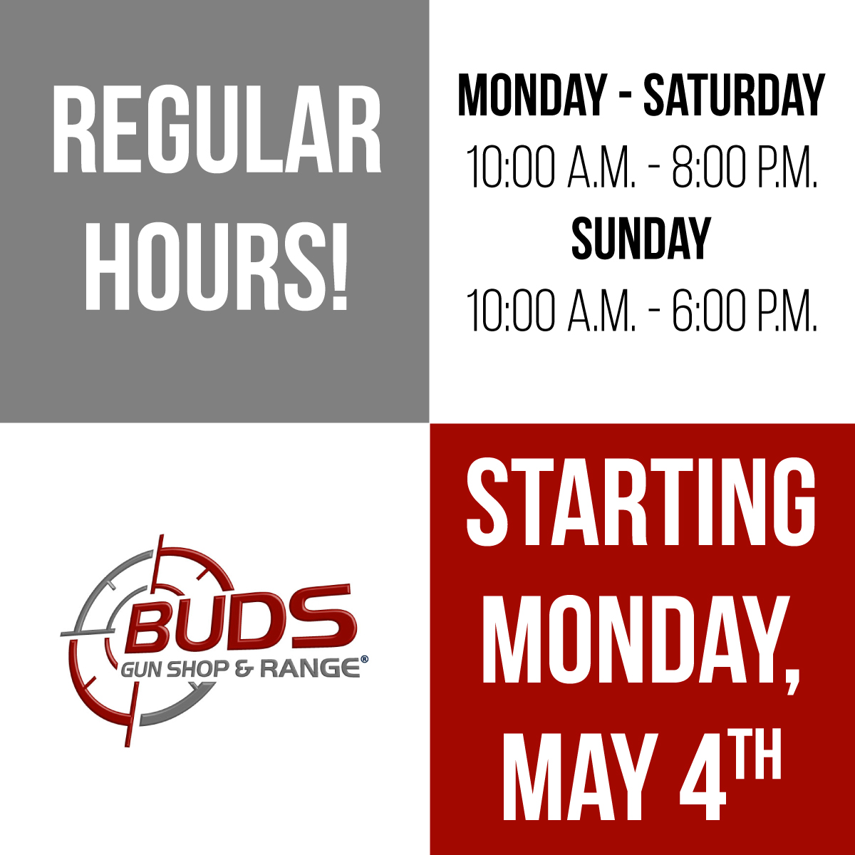 Don't forget, starting today we are back to operating under our regular store hours of 10am - 8pm, Mon-Sat, and 10am - 6pm on Sun.