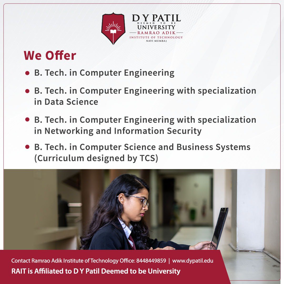 DYPatilRAIT's tweet photo. With more than 50 dedicated, highly qualified faculty and excellent lab facilities, students at RAIT have the best opportunity to become engineers par excellence.

For course details, log on to https://t.co/RnhGrGDCKD or call us on 8448449859 https://t.co/OzfRJinpbM