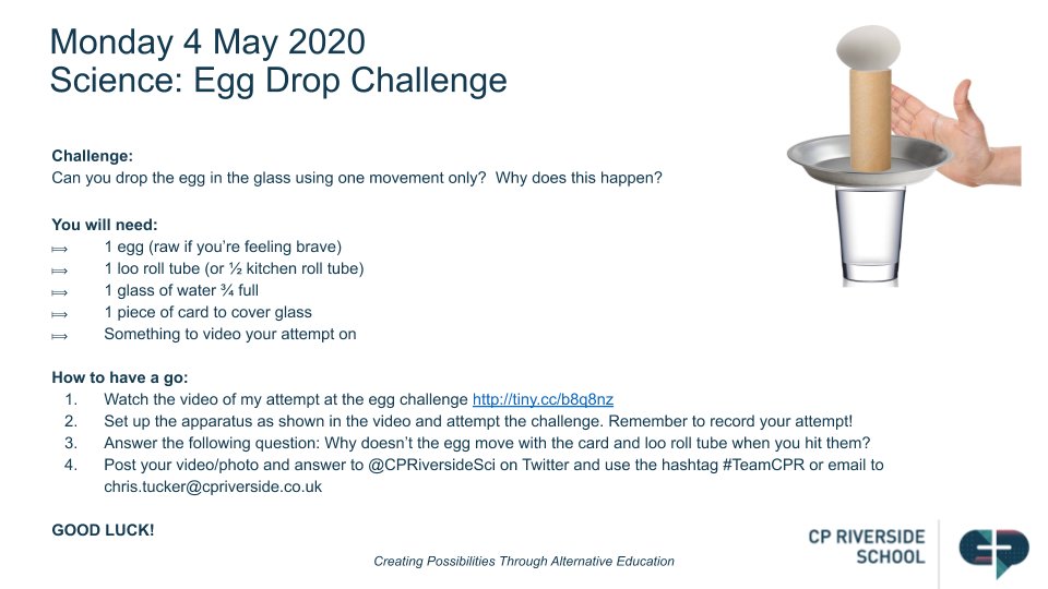 CPRiversideSci's tweet photo. 5 DAYS OF CHALLENGE: DAY ONE
Our 5 days of challenge gets off to a science start today. Find the challenge below.  The link to the video can also be found here https://t.co/BifhMt2kKq https://t.co/YLsSlhRE13