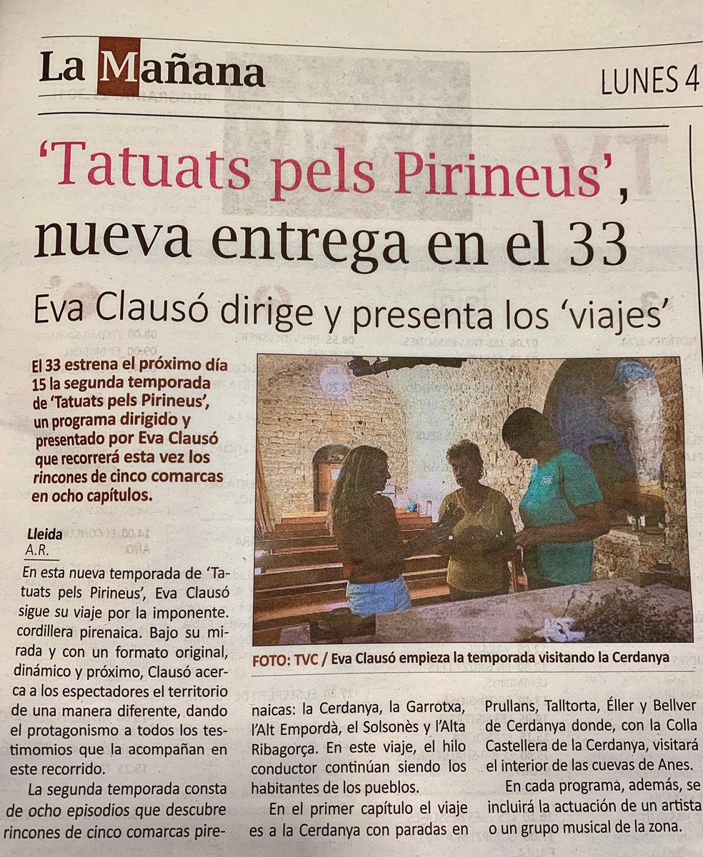 NO PAREM màquines continuem promocionant l’estrena <a href="/tatuatspirineus/">Tatuats pels Pirineus</a> el pròxim 15 de maig a les 22 pel <a href="/canal_33/">Canal 33</a> amb <a href="/evaclauso/">Eva Clausó Estival</a> Més que mai ara #pirineus masses dies tancats ara disfrutar del territori #tatuatspelspirineus <a href="/LaManyanacat/">La Mañana</a>