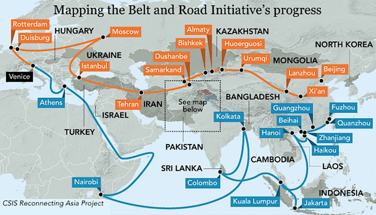 2: Some maps of the  #IndoPacific:A)  #China's Belt & Road Initiative (BRI)B) Another map of China's  #BeltandRoadInitiative (BRI)C)  #China  #Pakistan Economic Corridor  #CPECD)  #China  #Myanmar Economic Corridor  #CMEC
