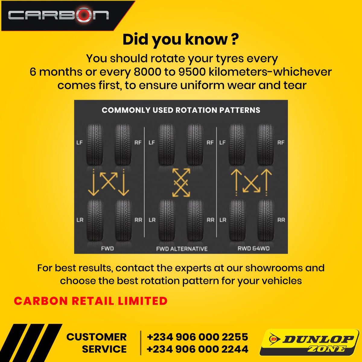 carbonretail's tweet photo. Rotate your vehicle’s tyres periodically to keep them in optimal condition. #TyreSafety #CarbonValues #DunlopZone #Carbon #CarbonRetailLtd #DunlopNigeria https://t.co/AFMqDjFiYW