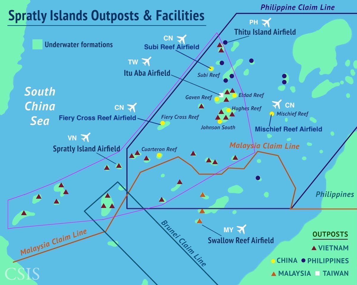  #THREAD 1: Some maps of the  #IndoPacific:A)  #IndoPacific &  #AsiaPacific regionsB) EEZ zones & 9 Dash line claims in the  #SouthChinaSeaC) Spratly Islands outposts, facilities & runwaysD) First & Second island chains, the 2 defensive maritime lines to contain  #China