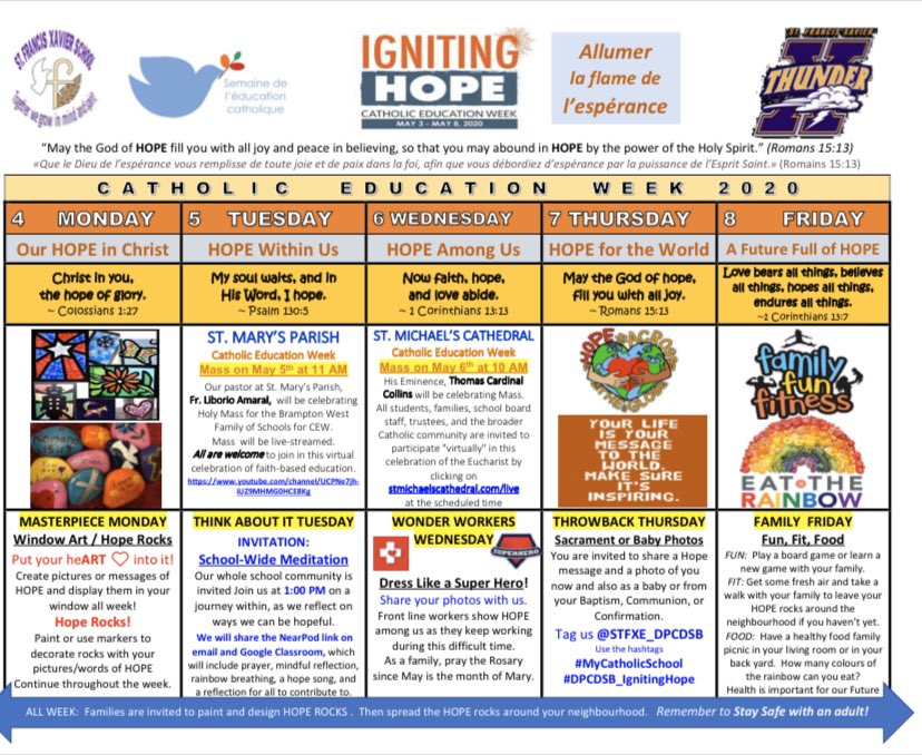 Celebrate Catholic Education Week with us! Today we celebrate our Hope in Christ! Check out our daily activities in the CEW Tab in your GC. Don’t miss our School Wide Virtual HOPE Meditation tomorrow at 1:00 pm 🙏🏻<a href="/STFXE_DPCDSB/">StFrancisXavierElem_DPCDSB</a> <a href="/spudmac27/">D. Valley</a> <a href="/mslevyDPCDSB/">Ms. Levy</a> <a href="/Ms_Pallotta/">Ms. Pallotta</a> <a href="/MrsGellert/">Mrs. Gellert</a>