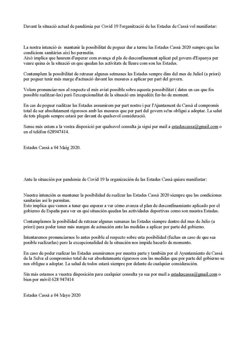 CassaHoquei's tweet photo. Full informatiu situació COVID 19 de les Estades Cassà 2020 https://t.co/jOhL5pxw2z
