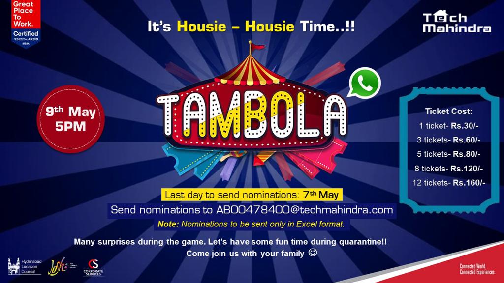 TechMJosh's tweet photo. We should be far from each other, but not far from fun. So join us &amp; play this #tambola from your home's with your friends.  @tech_mahindra
#StayAtHomeSaveLives #TechMagAgainstCovid19
#JoshHyd https://t.co/H372W7z0bL