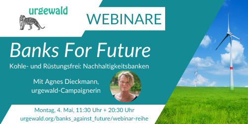 urgewald's tweet photo. Was kann eigentlich mein Geld in Sachen Menschlichkeit, Ökologie und Zukunftsfähigkeit? Im letzten Teil unserer Banken-Webinarreihe heute schauen wir uns die Nachhaltigkeitsbanken an!
Meldet euch hier an:
https://t.co/AnioPzFq25
#FinanceForFuture #GrünesGeld #BanksForFuture https://t.co/zMW7RSUSkj