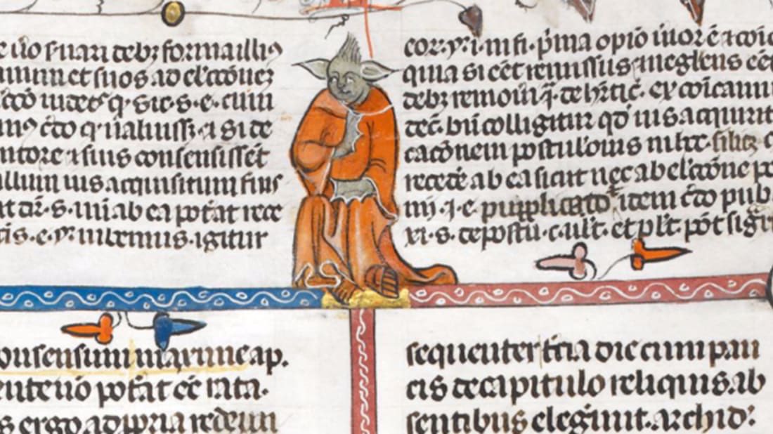 PhoebeShakespea's tweet photo. Yoda in a 14th Century Manuscript? @BLMedieval #MayThe4thBeWithYou https://t.co/HvGe4USD3g