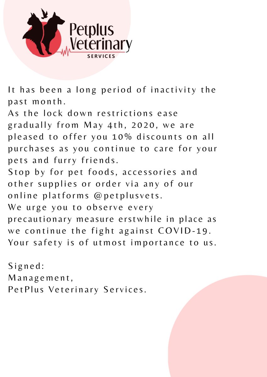 PetPlusVets's tweet photo. Discount sales begin today at PetPlus, Ibadan.
We have a wide range of products to choose from.
Stop by for an amazing shopping experience.
Remember to stay safe always.
#MayThe4th #lockdown
#petplusvets #petplug #sales #promo #petsofinstagram #petstore https://t.co/JISPrsrulo