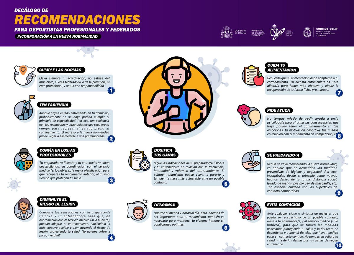 deportegob's tweet photo. ¡Volvemos! @deportegob y @ConsejoCOLEF ponen a disposición de los deportistas todas estas recomendaciones para #LaVueltaResponsable. Si colaboramos entre todos, volveremos a brillar. ¡Tenéis nuestro apoyo! 💪👏 https://t.co/5Ev5IDHAY4