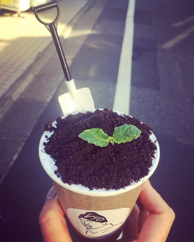 Lilwagon07's tweet photo. .
.
今日はみどりの日ですね🌱
.
というわけで以前いただいた、#withoutstand の植木鉢ラテ（限定メニュー）をご紹介。
.
ラテの上にココアクッキーを敷いてミントの葉っぱを。スコップ型のスプーンを差したらできあがり🌱✨
なんかおうちでもできそうですね！ https://t.co/ToMAHyWluT