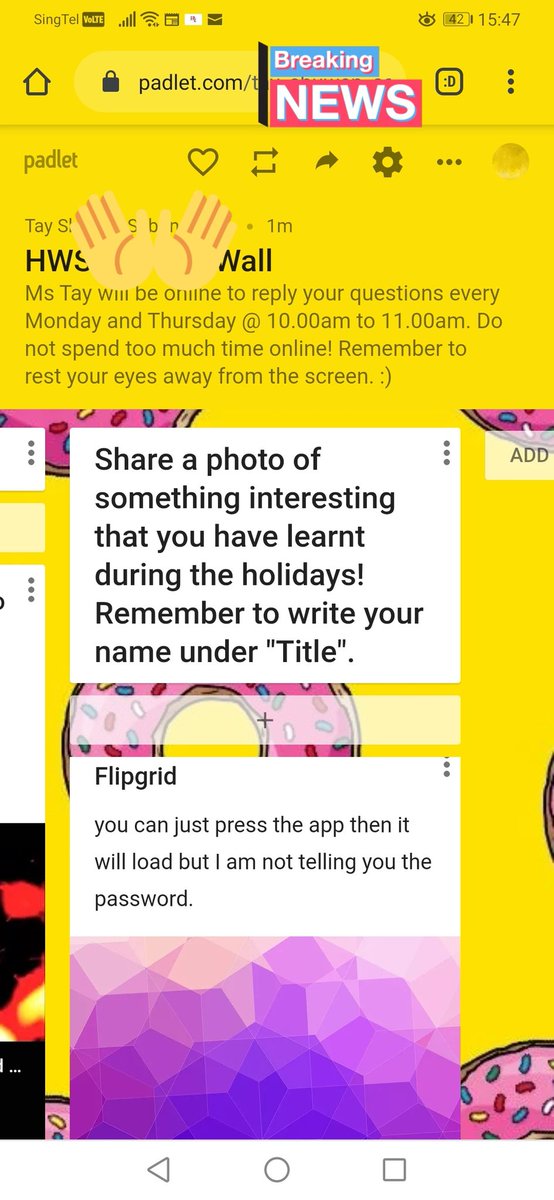 SabrinaTaysw's tweet photo. It is amazing how quickly the children learn during this period of HBL. One child figured out how to post a photo and linked it correctly to SLS and our Flipgrid page. Another drew digitally in the "Exit Pass for Music". Amazing kiddos. I miss school. 😔 https://t.co/7uh2ABDcK1