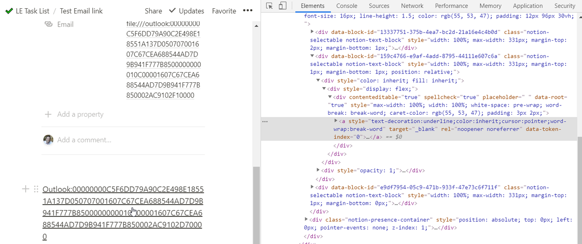 lucasepp's tweet photo. @NotionHQ I'm trying to link from Notion to launch Outlook (and a specific Email) using the outlook: link protocol.  However it seems on inspection of the <a href=""> block that Notion is auto-blocking an outlook: style protocol.  Any chance of a fix? https://t.co/U8pStr1oMm