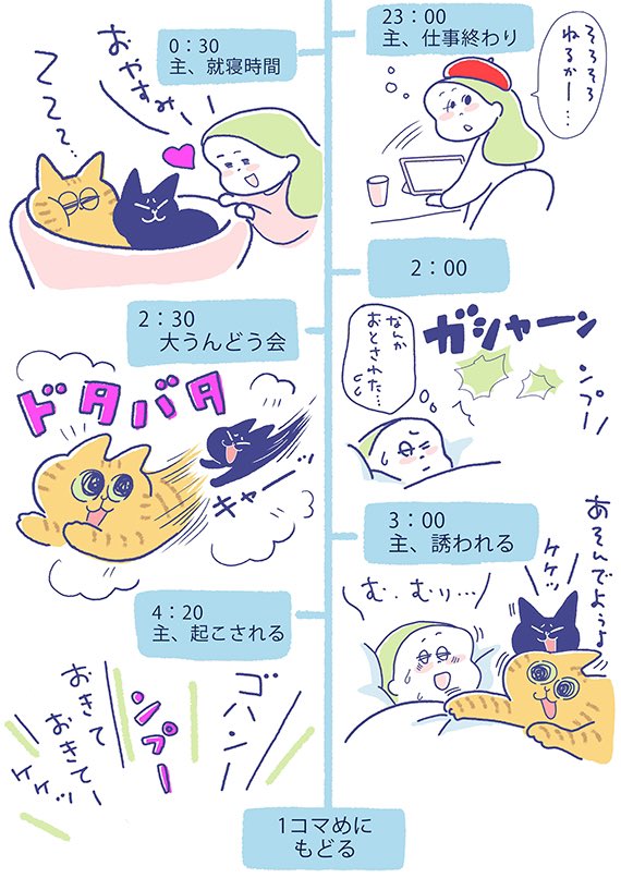 「ふたり(+主)のいちにち」
ふたりの腹時計の正確さにはいつも驚き!です。
おかげで生活リズムも整い、健康的です(^_^;)

(吉濱あさこさんの「イチャ猫」)更新!⇒https://t.co/6S9SozVIA2

#イチャ猫 