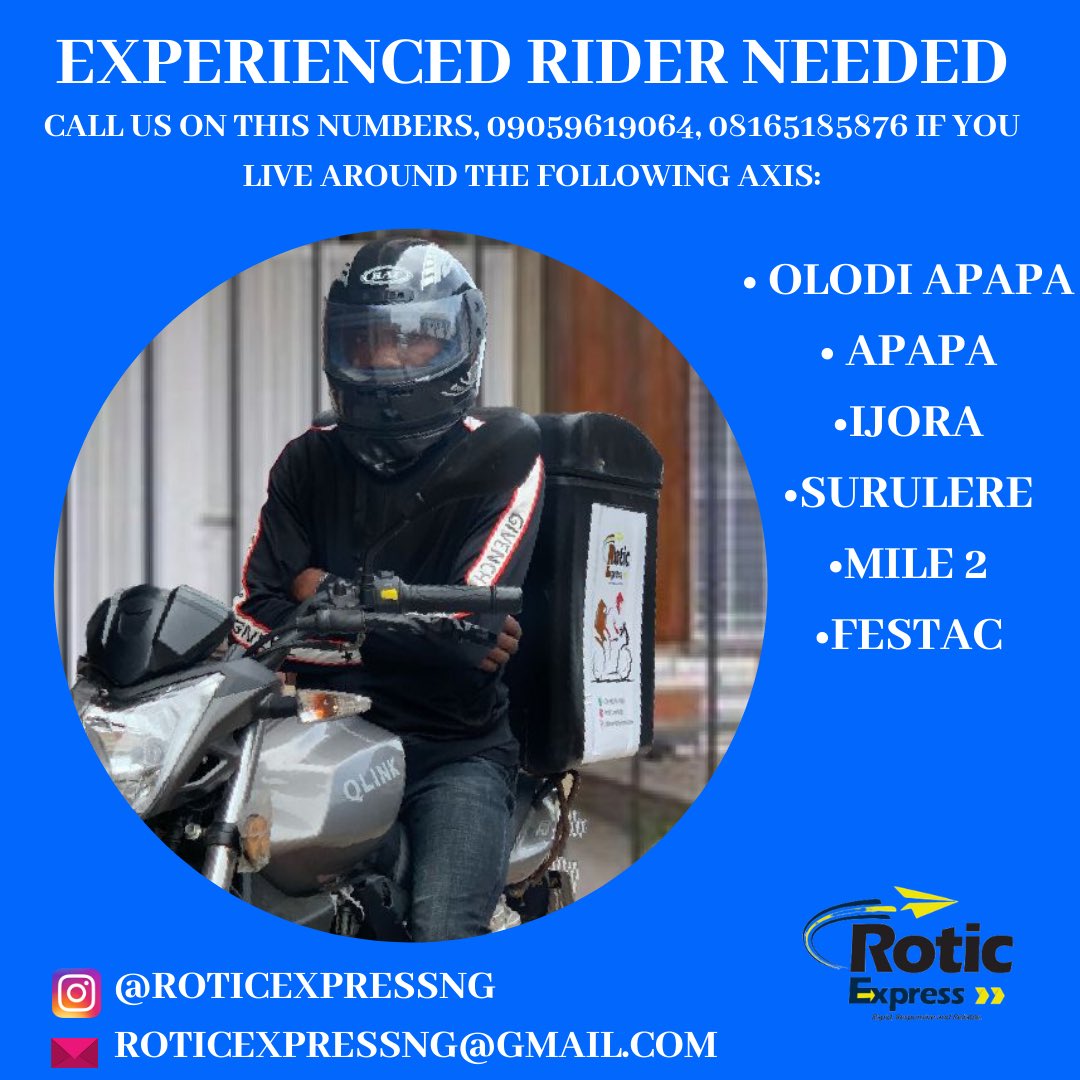 RoticExpress's tweet photo. Dispatch Rider needed urgently at Olodi apapa, Apapa,Festac, Ijora axis. Call 09059619064 or send a dm for more info. https://t.co/vMOSY0n9Hv