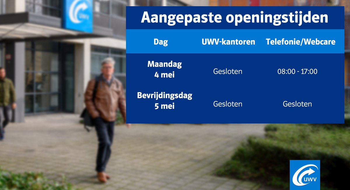 UWVnl's tweet photo. Op dit moment zijn al onze kantoren gesloten. Op 5 mei zijn we ook telefonisch niet bereikbaar in verband met Bevrijdingsdag. https://t.co/68gKooZTv3