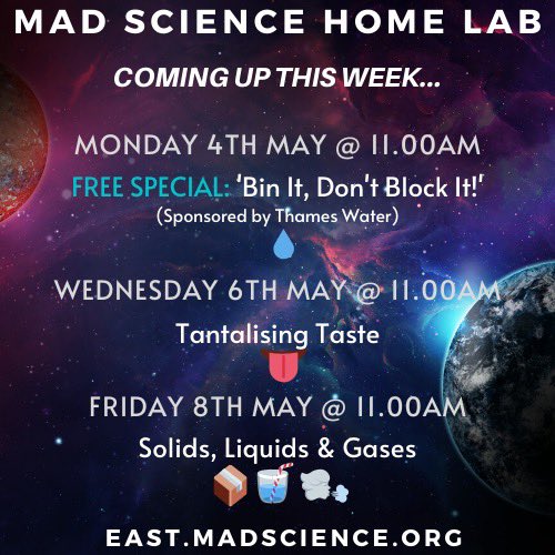 madsciencelive's tweet photo. Less than 2 hours to go until our next FREE SPECIAL! Plus lots more planned for another exciting week of science for the whole family! Share with friends and join us at 11.00am for our Free @thameswater Sponsored Stream - https://t.co/WIK3nPtCo4💧🆓 📢 #binitdontblockit https://t.co/dW4Uiz7z2R