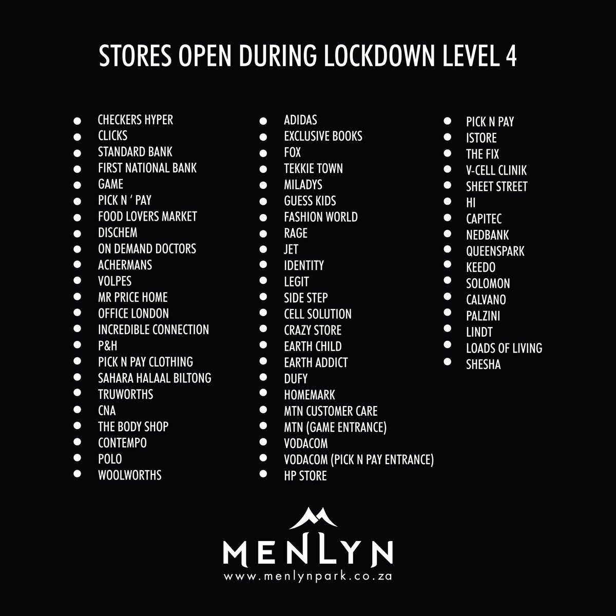 Menlyn Park On Twitter Openstores During Lockdownlevel4