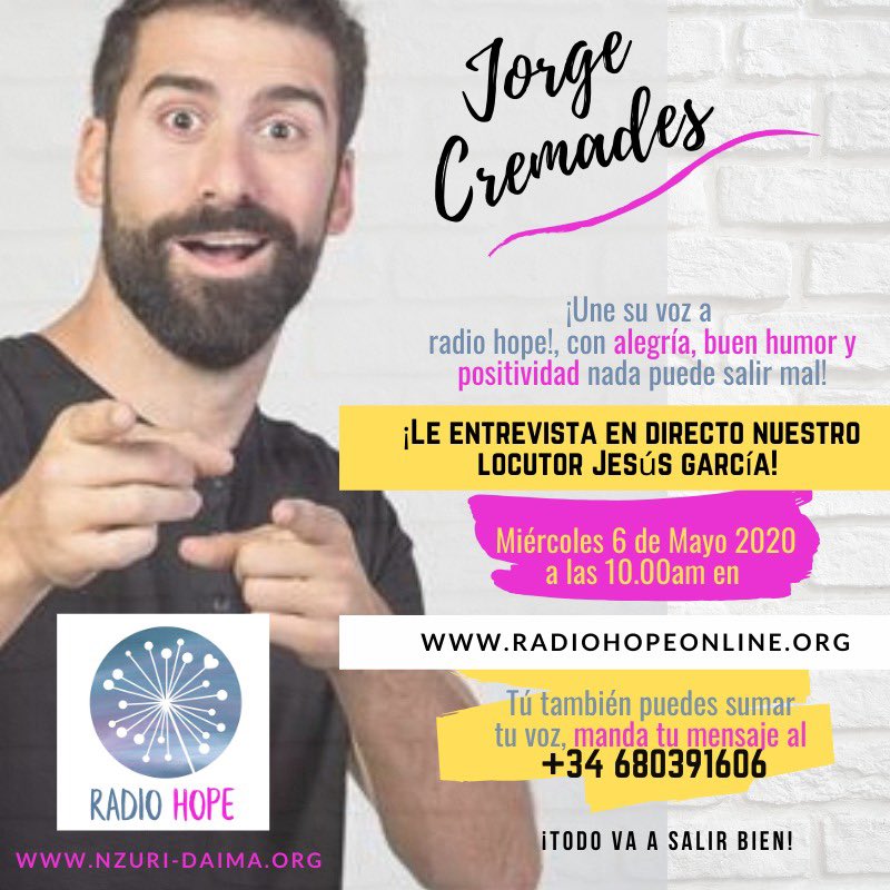 NzuriDaima's tweet photo. Este miércoles sintonizad #RadioHope para asistir a la entrevista en directo al divertido @JorgesCremades !!!

Dejad vuestras preguntas y mensajes en el +34680391606☎️
Junto a nuestro locutor @jesusodos tenéis risas y buen humor asegurados!
#EntrevistasHope #UniendoLatidos #Únete https://t.co/1LSA7QnN0U