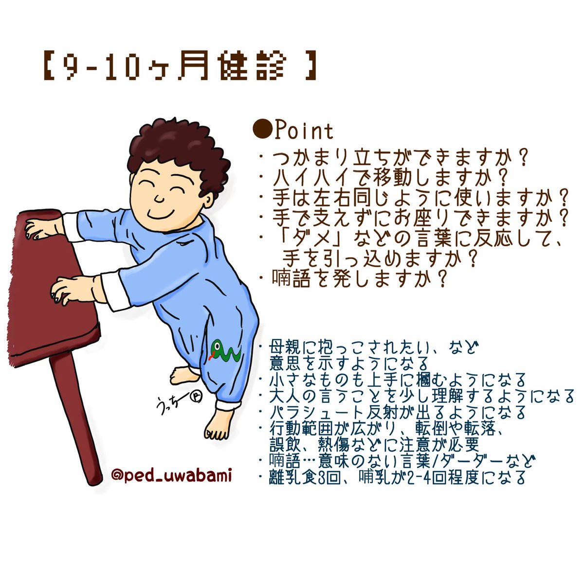 うっちー 小児科医 V Twitter 今日は9 10ヶ月健診について ハイハイして つかまり立ちし始めて と動きがかなり増えてくる時期ですね その分 転倒や誤飲などの事故も増えてくる時期なので 目が離せなくなってきます うっちー 小児科医 V Twitter 今日は9 10ヶ月健診について ハイハイして つかまり立ちし始めて と動きがかなり増えてくる時期ですね その分 転倒や誤飲などの事故も増えてくる時期なので 目が離せなくなってきます