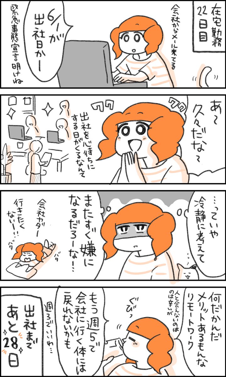 在宅勤務子ちゃん
22日目
「揺れ動く出社への思い」 