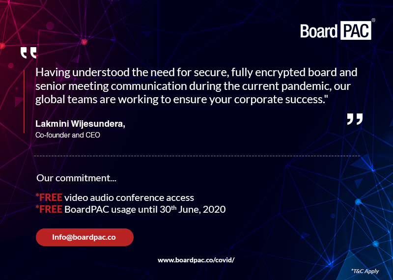 BoardPac_'s tweet photo. Extending our commitment of #FREE Video enabled secure board meetings
Learn more: https://t.co/H2zeKXpwXg
#BoardConnecting #Coronavirus #COVID19 #virtualboard #safety #BoardPAC #digitaltransformation #boardportal #boardautomation #corporategovernance #videoconference https://t.co/94PeL2CHo0