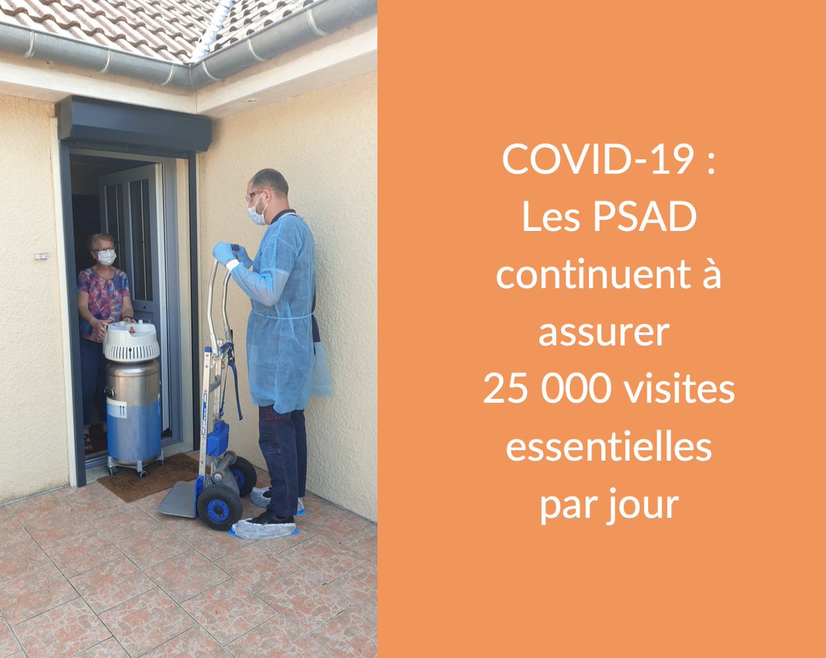 #MobilisationDesPsad : Les #psad assurent la continuité des prises en charge à domicile sur l'ensemble du territoire. Ils pratiquent près de 25 000 visites essentielles et urgentes en moyenne par jour pendant cette crise sanitaire❗️💪