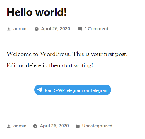 With the latest update of WP Telegram Widget, you can add a <a href="/telegram/">Telegram Messenger</a> channel/group Join Link automatically to your WordPress posts 😍
