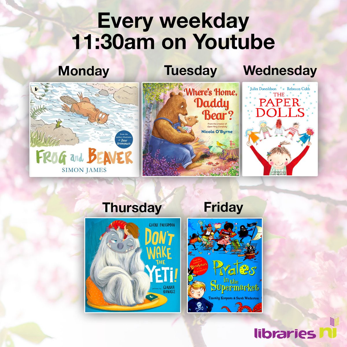 LibrariesNI's tweet photo. We have another fabulous selection of stories on our YouTube channel this week! Join in every weekday at 11:30am (each video available until 12 noon) https://t.co/U4RCvDmuLR https://t.co/KvkOBKORWO