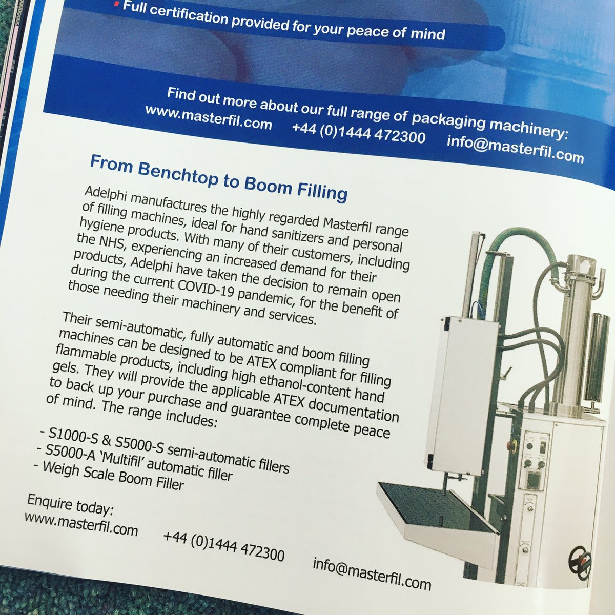 Adelphi_Group's tweet photo. Thanks to FMCG CEO #magazine for the feature on our #Masterfil filling machines and their role filling #handsanitizers in the COVID Crisis ☺️ #ukmfg #fmcgceo https://t.co/xCaWP0pkiN