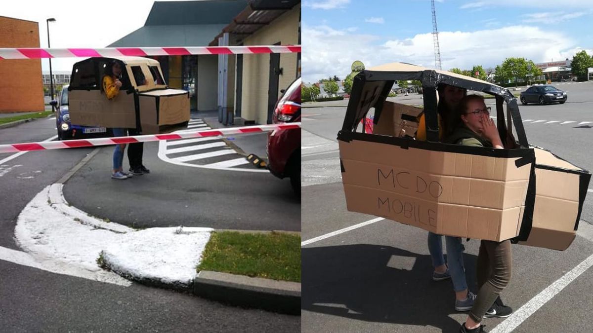 F3nord's tweet photo. Belgique - confinement : ils vont au Mc Do avec une voiture en carton pour pouvoir commander en drive https://t.co/nmbXgswNvo https://t.co/IAXFy36V2f