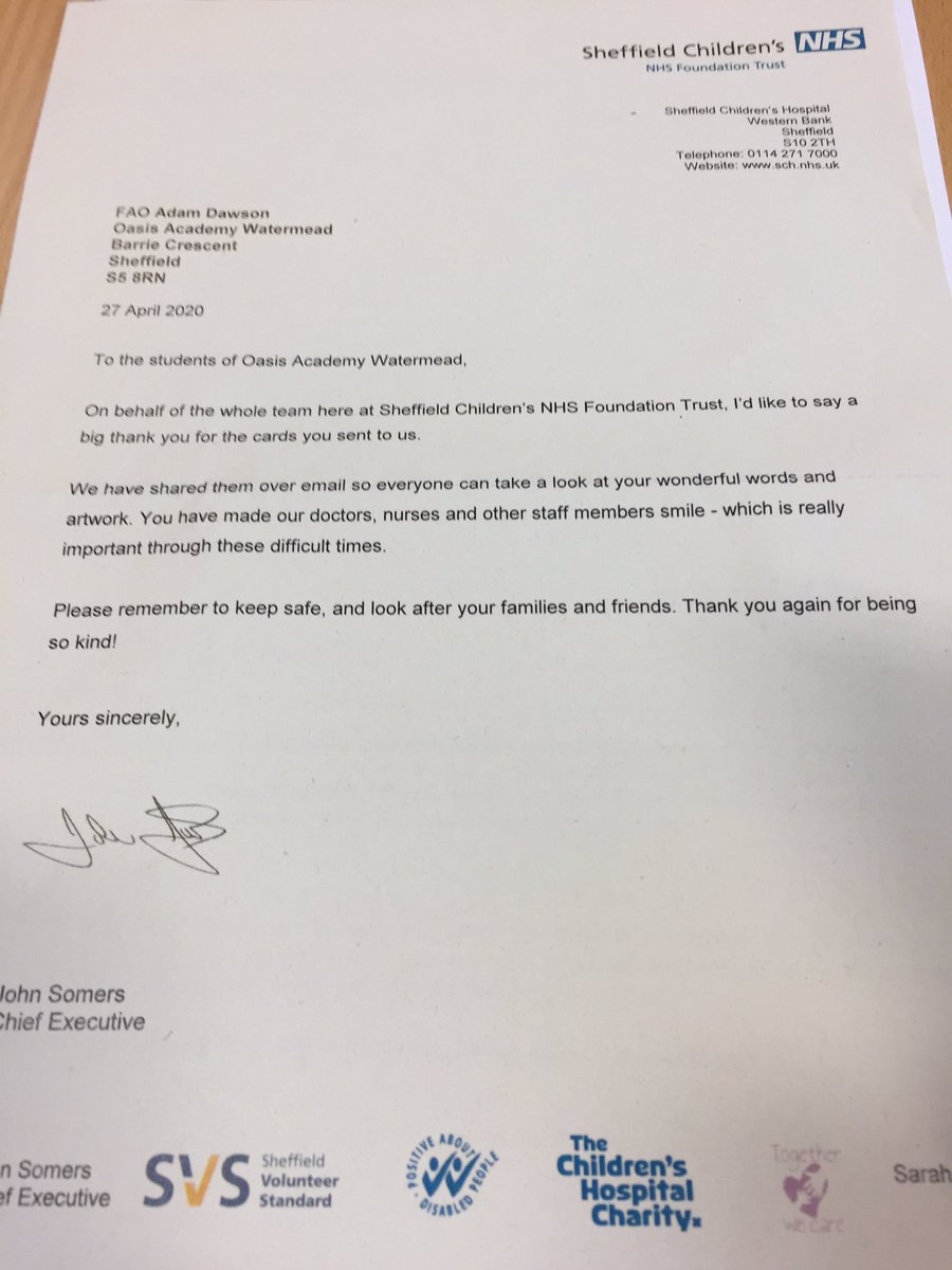OAWatermead's tweet image. Morning everyone! What a great way to start the week... receiving a wonderful letter from @SheffChildrens @NHSuk @JSomers_  thanking our children for their kind words and wonderful artwork! 🌈 #StayHomeSaveLives