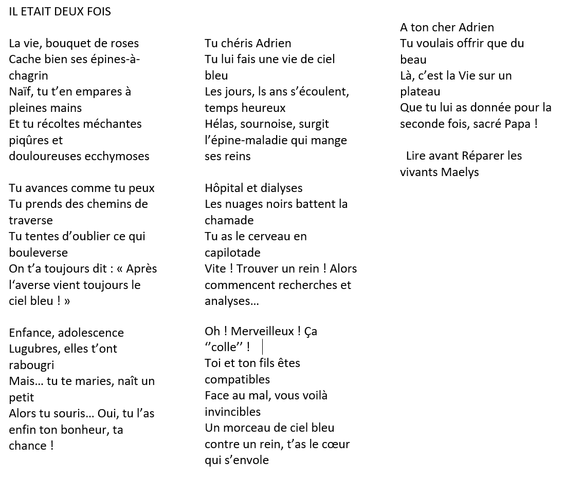 Voici un nouveau poème "il était 2 fois" pour le concours littéraire Trans-Forme « Chacun a un super pouvoir, celui de sauver des vies ». Merci à vous tous!
#CDC2020
#dondorganes
#sap4all
#courseducoeur
#sapducoeur
#chacunaunsuperpouvoir
<a href="/Sapducoeur/">SAP du ❤</a>
<a href="/aymerichamac/">Aymerichamac</a>
<a href="/ocoustere/">olivier coustere</a>