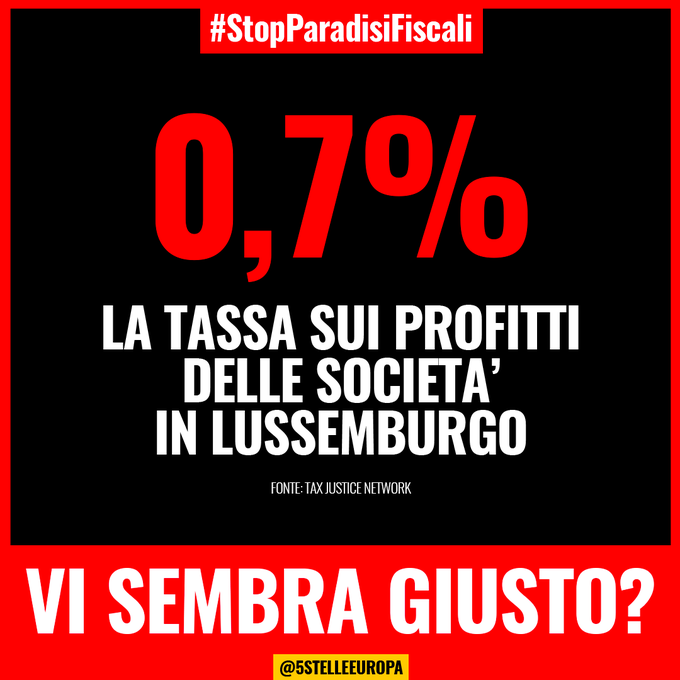 carlaruocco1's tweet photo. Non è accettabile che nella #UE sia permessa l’elusione fiscale. In #Lussemburgo l’aliquota dell’imposta sulle società è bassissima: 0,7%. Chi sposta la sede nei paradisi fiscali sottrae risorse agli Stati in cui effettivamente opera.  #StopParadisiFiscali https://t.co/cG7tHFVmjG