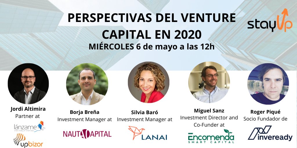 ¡Este miércoles reflexionaremos sobre las perspectivas del VC en 2020!

Panel de lujo con <a href="/RogerPiqueP/">Roger Piqué</a> (<a href="/inveready/">Inveready</a>), <a href="/borjabrela/">Borja Breña</a> (<a href="/NautaCapital/">Nauta</a>), <a href="/baro_silvia/">Silvia Baro</a> (<a href="/lanaipartners/">LANAI Partners</a>), <a href="/2miguelsanz/">Miguel Sanz</a> (<a href="/EncomendaVC/">EncomendaVC</a>).

Apúntate [LINK]: us02web.zoom.us/webinar/regist…

#ComeOn #StayUp