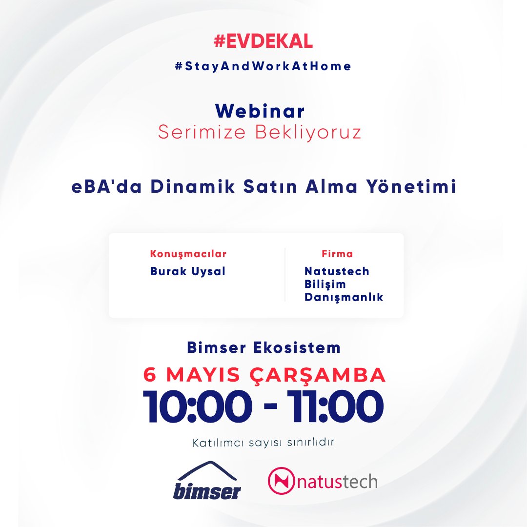 Bimser_'s tweet photo. 6 Mayıs Çarşamba saat 10:00-11:00 arasında @natustech Kurucusu Sayın Burak Uysal ile birlikte düzenleyeceğimiz #webinar ımıza davetlisiniz.

Kayıt için: https://t.co/fk4wRCI3OM

#Bimser #EvdeKal #SosyalMesafeniKoru #StayAndWorkAtHome https://t.co/SFFltv9zrQ
