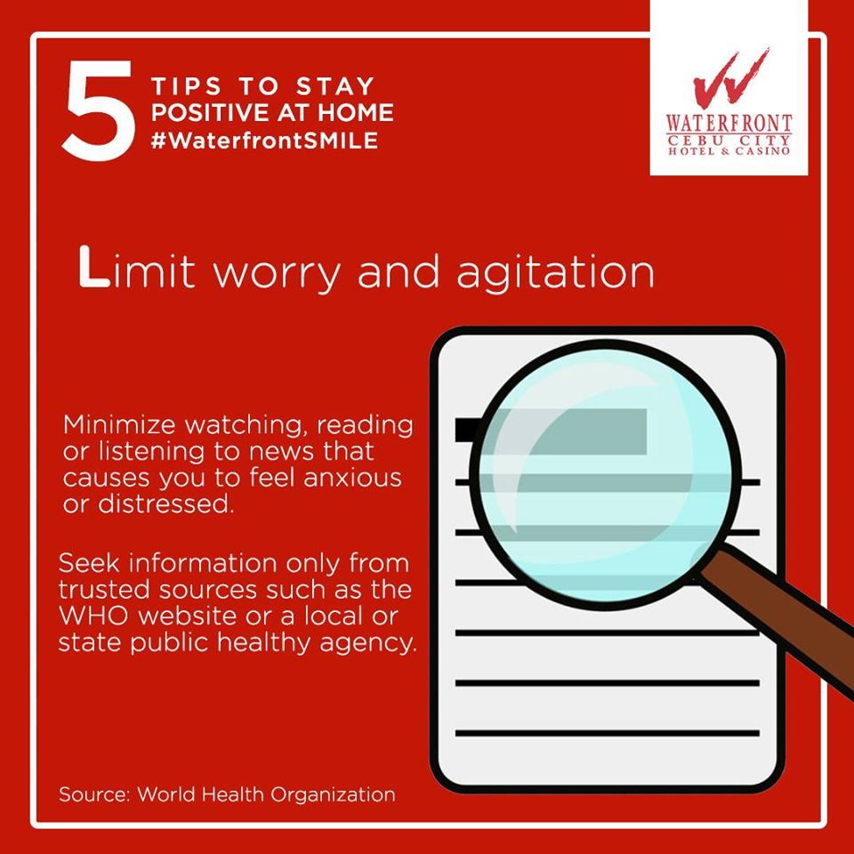SMILE TIP #4: Limit worry and agitation

Feeling a little bit overwhelmed with everything you hear and see on TV and social media lately?

Check out this tip from the World Health Organization (WHO) on how you can feel less anxious at home.

#waterfrontcebu
#waterfrontSMILE