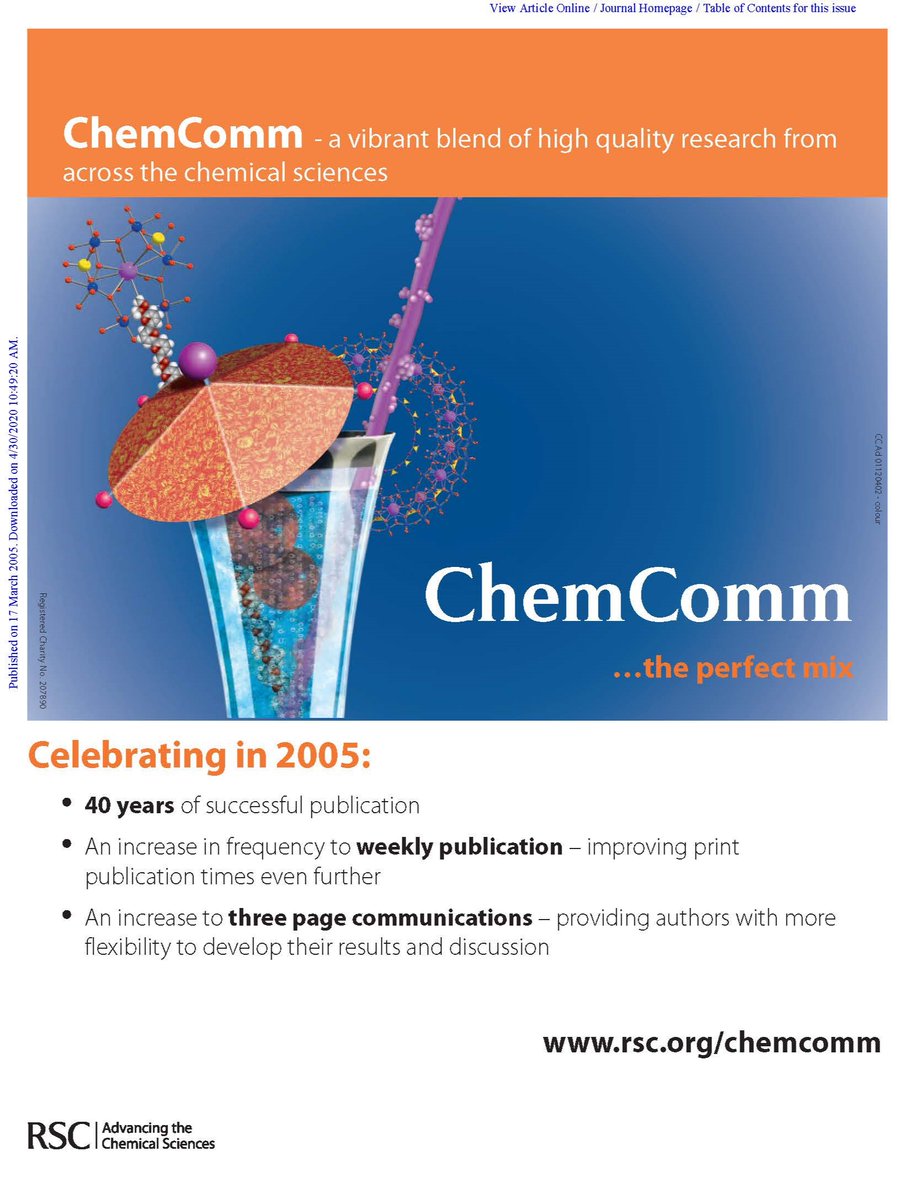 ChemCommun's tweet photo. We're excited to announce that we have reached #ChemComm25K followers! Thank you to everyone who has engaged with our community ✨😀

To celebrate, we're highlighting some of our Editorial Office's favourite covers &amp; articles this week! 
Starting with 👇 from 2005! https://t.co/zqqa9T7H7D