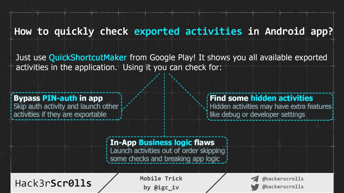 Here is an easy way to find a bug in Android app! Want to bypass PIN or find a hidden features?

Check for exported activities in the app. Use QuickShortCutMaker for it:
play.google.com/store/apps/det…

You can find a video example of using it in replies.
Trick by <a href="/igc_iv/">Ivan Chalykin</a> 

#BugBountyTip